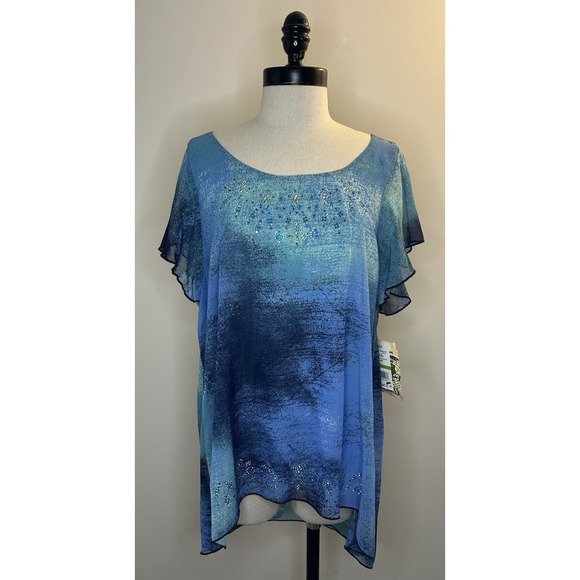 ONE WORLD Tops - ONE WORLD Blue Sheer Short Sleeve Gemstones Round Neck Blouse Top Womens L